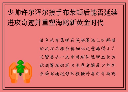少帅许尔泽尔接手布莱顿后能否延续进攻奇迹并重塑海鸥新黄金时代